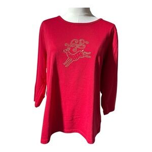 Coral Bay Red Reindeer Holiday Top Rhinestone Embellished 3/4 Sleeve Women’s L